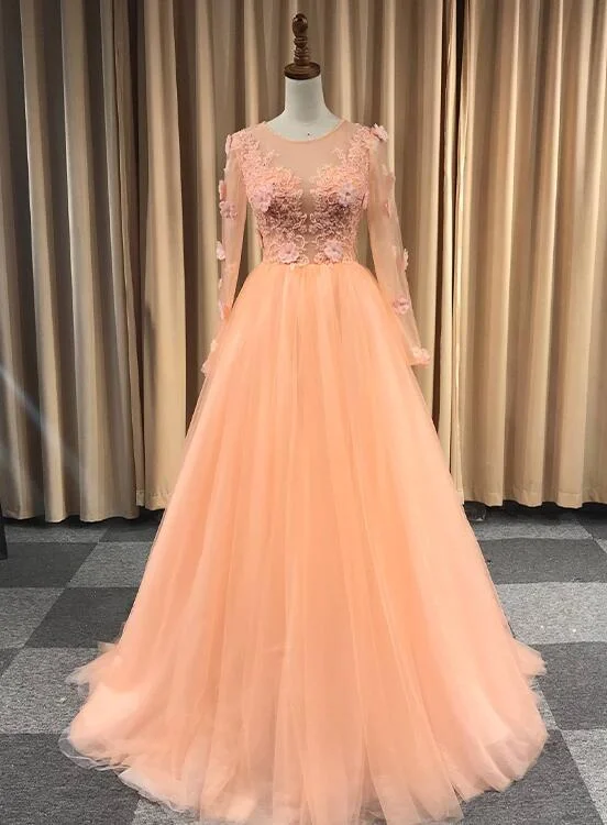 Light Orange Tulle Long Sleeves with Lace Party Dress, Long Prom Dress Formal Dress Tunics Prom sequined Light Orange Tulle Long Sleeves with Lace Party Dress, Long Prom Dress Formal Dress Tunics Prom sequined