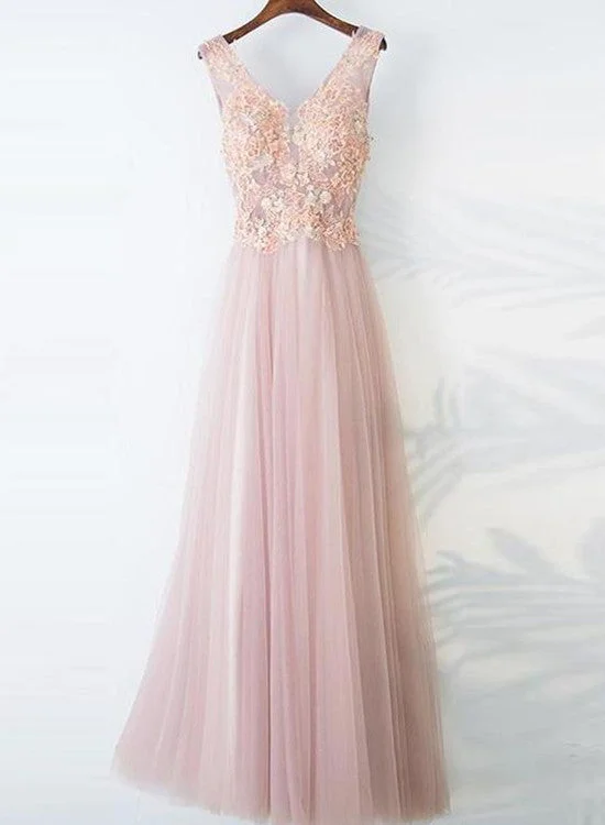 Light Pink V-neckline Formal Dress , Flower Lace Applique Long Party Dress Tunics Running lightweight Light Pink V-neckline Formal Dress , Flower Lace Applique Long Party Dress Tunics Running lightweight