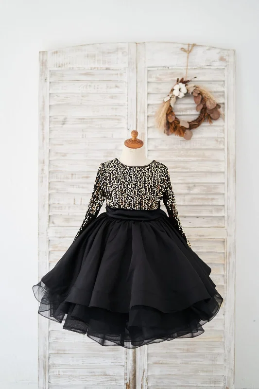 Long Sleeves Gold Sequin Black Satin V Back Wedding Flower Girl Dress Kids Party Dress Tunics Polka dots Long Sleeves Gold Sequin Black Satin V Back Wedding Flower Girl Dress Kids Party Dress Tunics Polka dots
