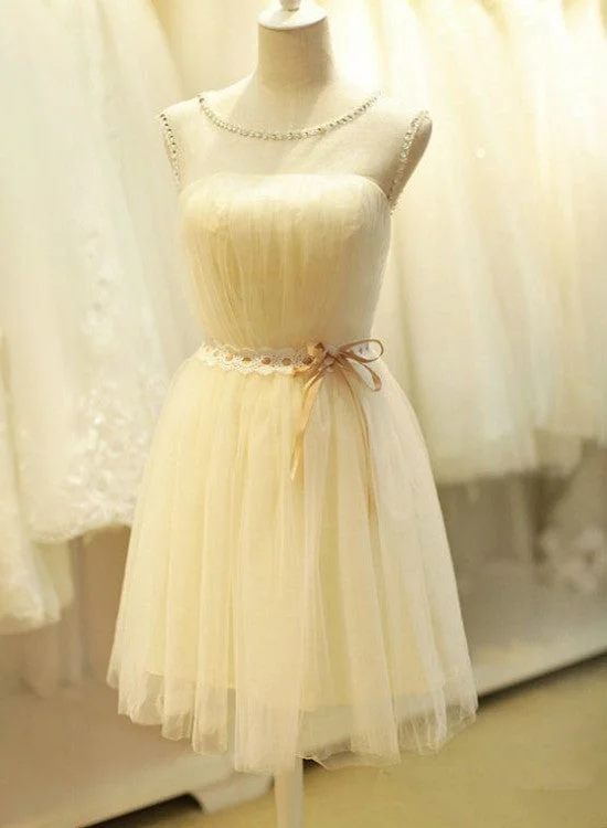 Lovely Champagne Tulle Round Neckline Party Dress, Cute Teen Formal Dress Tunics Office stylish Lovely Champagne Tulle Round Neckline Party Dress, Cute Teen Formal Dress Tunics Office stylish