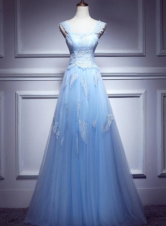 Lovely Light Blue Lace Applique Tulle Prom Dress, Blue Junior Party Dress Formal Dress Tunics Satin smooth Lovely Light Blue Lace Applique Tulle Prom Dress, Blue Junior Party Dress Formal Dress Tunics Satin smooth