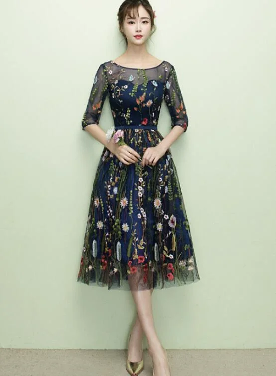 Lovely Navy Blue Lace Floral Knee Length Bridesmaid Dress, Blue Short Party Dress Homecoming Dress cg11686 Halter Neckline Beach Lovely Navy Blue Lace Floral Knee Length Bridesmaid Dress, Blue Short Party Dress Homecoming Dress cg11686 Halter Neckline Beach