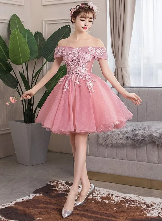 Lovely Pink Lace Applique Off Shoulder Cute Party Dress Homecoming Dress, Short Formal Dress Shift Classic Vintage Lovely Pink Lace Applique Off Shoulder Cute Party Dress Homecoming Dress, Short Formal Dress Shift Classic Vintage