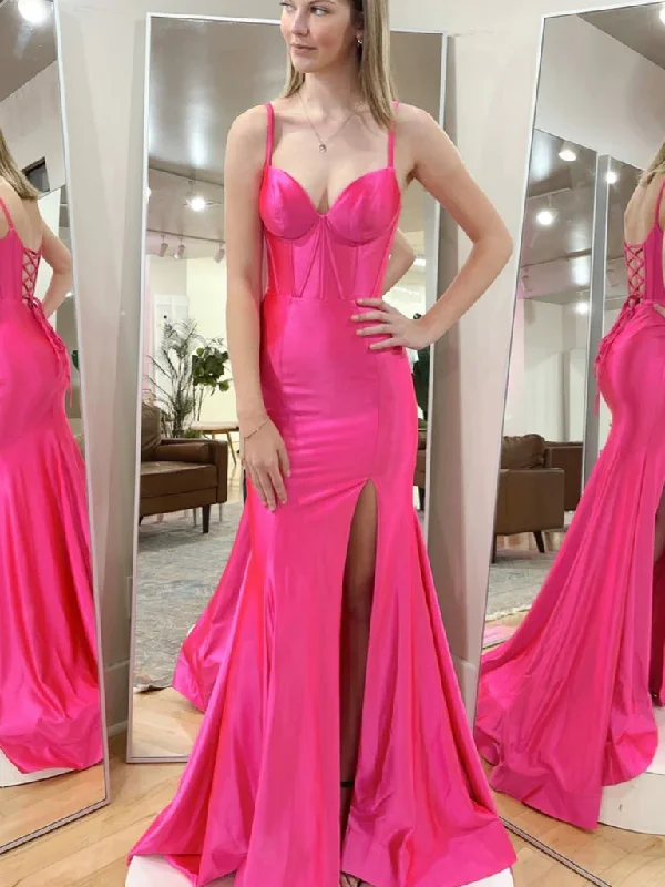 Mermaid Hot Pink Satin Long Prom Dresses with High Slit, Hot Pink Mermaid Formal Graduation Evening Dresses Tunics Corduroy durable Mermaid Hot Pink Satin Long Prom Dresses with High Slit, Hot Pink Mermaid Formal Graduation Evening Dresses Tunics Corduroy durable