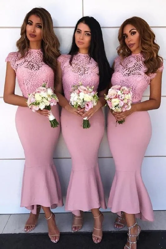 Mermaid Jewel Lace Cap Sleeves Hi-Low Asymmetry Pink Bridesmaid Dresses prom dress evening dress cg23735 Tunics Print Colorful Mermaid Jewel Lace Cap Sleeves Hi-Low Asymmetry Pink Bridesmaid Dresses prom dress evening dress cg23735 Tunics Print Colorful