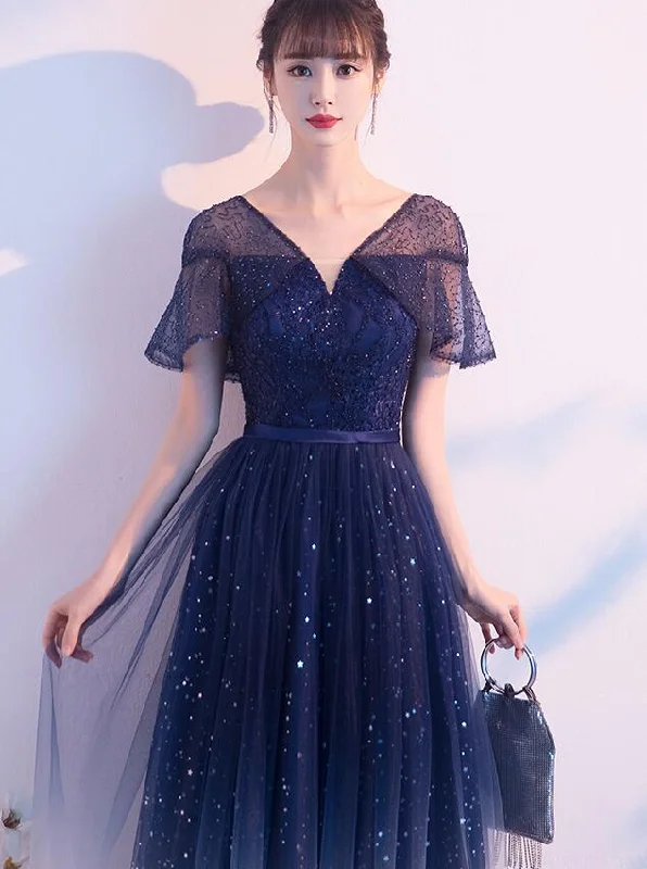 Navy Blue Gradient V-Neckline Shiny Tulle A-Line Prom Dress Party Dress, Blue Tulle Short Bridesmaid Dress cg22963 Tunics Polka dots Navy Blue Gradient V-Neckline Shiny Tulle A-Line Prom Dress Party Dress, Blue Tulle Short Bridesmaid Dress cg22963 Tunics Polka dots