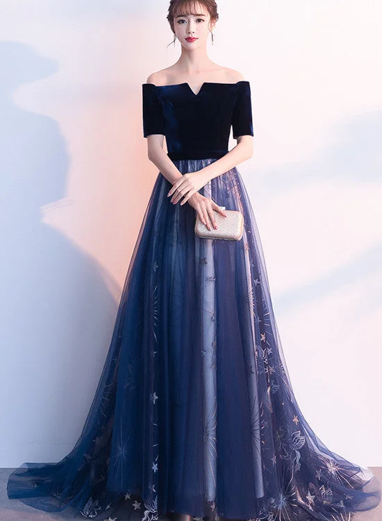 Navy Blue Short Sleeves Velvet and Tulle Party Dress, A-line Formal Gown, Prom Dress Tunics Bestseller popular Navy Blue Short Sleeves Velvet and Tulle Party Dress, A-line Formal Gown, Prom Dress Tunics Bestseller popular