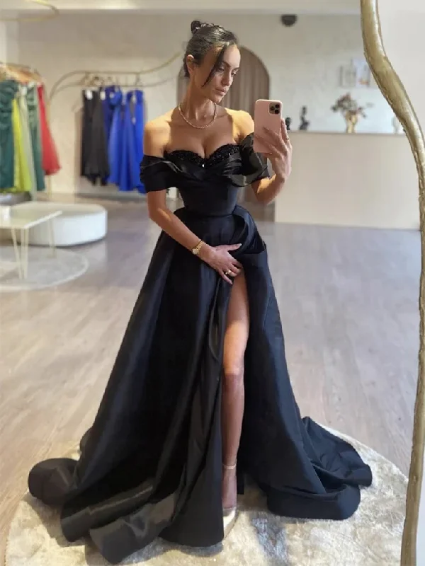 Off Shoulder Black Satin Long Prom Dresses with High Slit, Off Shoulder Black Satin Long Formal Evening Dresses with Sequins Top Tunics Hiking breathable Off Shoulder Black Satin Long Prom Dresses with High Slit, Off Shoulder Black Satin Long Formal Evening Dresses with Sequins Top Tunics Hiking breathable