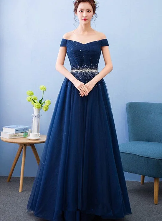 Off Shoulder Blue Beaded Long Party Dress, Sweetheart Floor Length Prom Dress A-Line Day Work Off Shoulder Blue Beaded Long Party Dress, Sweetheart Floor Length Prom Dress A-Line Day Work