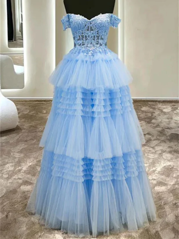 Off Shoulder Light Blue Lace Long Prom Dresses, Light Blue Lace Formal Evening Dresses Tunics Stylish modern Off Shoulder Light Blue Lace Long Prom Dresses, Light Blue Lace Formal Evening Dresses Tunics Stylish modern