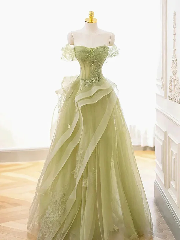 Off the Shoulder Green Beaded Tulle Long Prom Dresses, Off Shoulder Green Tulle Long Formal Evening Dresses Tunics Luxurious high-end Off the Shoulder Green Beaded Tulle Long Prom Dresses, Off Shoulder Green Tulle Long Formal Evening Dresses Tunics Luxurious high-end