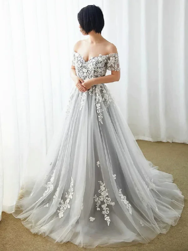 Off the Shoulder Grey Lace Tulle Long Prom Dresses, Off Shoulder Gray Lace Tulle Long Formal Evening Dresses Tunics Custom made Off the Shoulder Grey Lace Tulle Long Prom Dresses, Off Shoulder Gray Lace Tulle Long Formal Evening Dresses Tunics Custom made