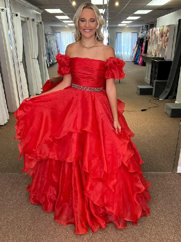 Off the Shoulder Red Long Tulle Prom Dresses, Off Shoulder Red Tulle Long Formal Evening Dresses High-Low Hemline Casual Off the Shoulder Red Long Tulle Prom Dresses, Off Shoulder Red Tulle Long Formal Evening Dresses High-Low Hemline Casual