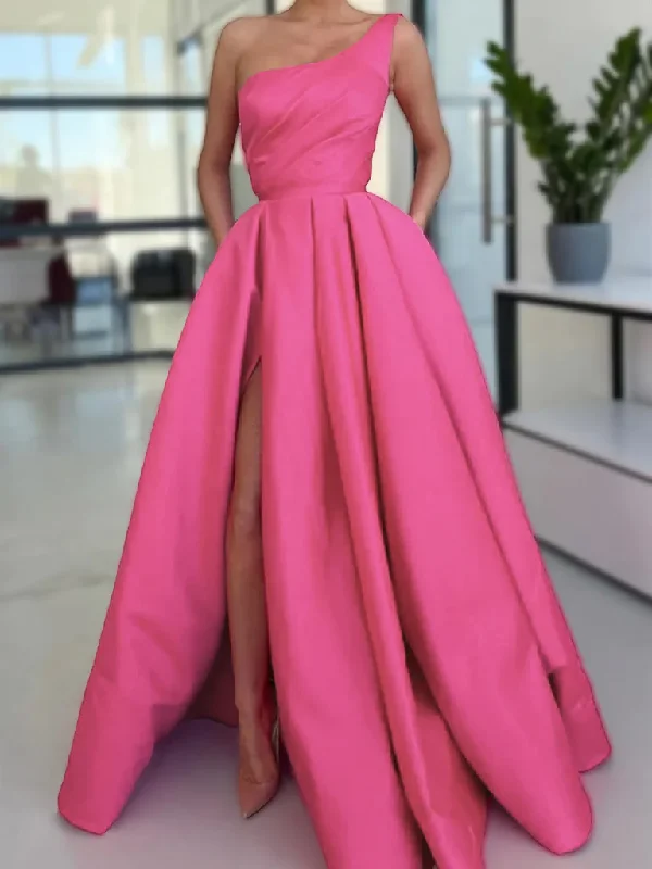 One Shoulder Pink Satin Long Prom Dresses with High Slit, Pink Satin Long Formal Evening Dresses Boat Neckline Classic One Shoulder Pink Satin Long Prom Dresses with High Slit, Pink Satin Long Formal Evening Dresses Boat Neckline Classic