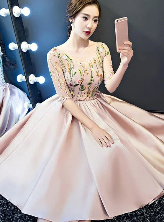 Pink Lace and Satin Lovely Short Party Dress Prom Dress, Pink Homecoming Dresses Tunics Stylish modern Pink Lace and Satin Lovely Short Party Dress Prom Dress, Pink Homecoming Dresses Tunics Stylish modern