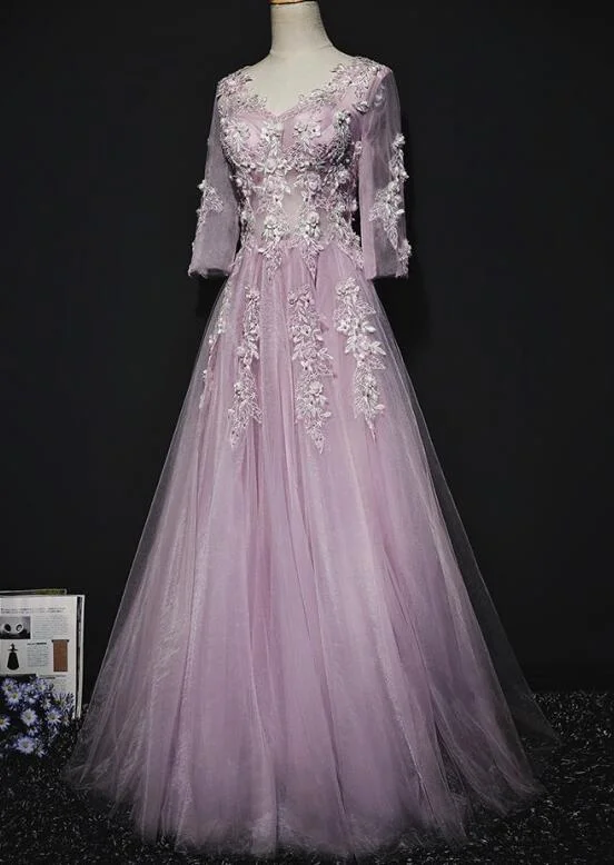 Pink Long Sleeves Tulle With Flowers V-Neckline Prom Dress, A-Line Pink Bridesmaid Dress Party Dress cg21372 Tunics Leisure comfortable Pink Long Sleeves Tulle With Flowers V-Neckline Prom Dress, A-Line Pink Bridesmaid Dress Party Dress cg21372 Tunics Leisure comfortable