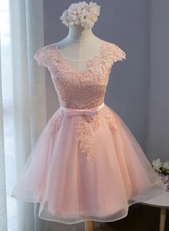 Pink Round Neckline Tulle Cute Knee Length Party Dress , Pink Party Dresses Tunics Vintage classic Pink Round Neckline Tulle Cute Knee Length Party Dress , Pink Party Dresses Tunics Vintage classic
