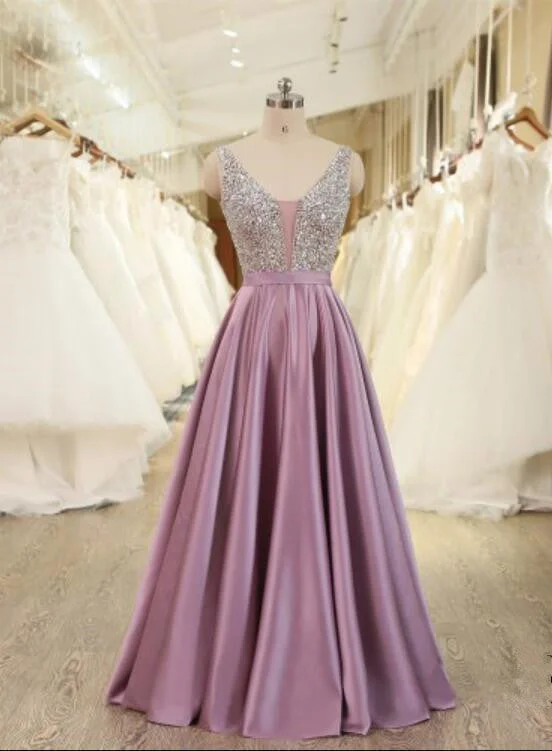 Pink Satin with Beaded V-neckline Long Party Dress, Gorgeous Formal Gowns Square Neckline Feminine Pink Satin with Beaded V-neckline Long Party Dress, Gorgeous Formal Gowns Square Neckline Feminine