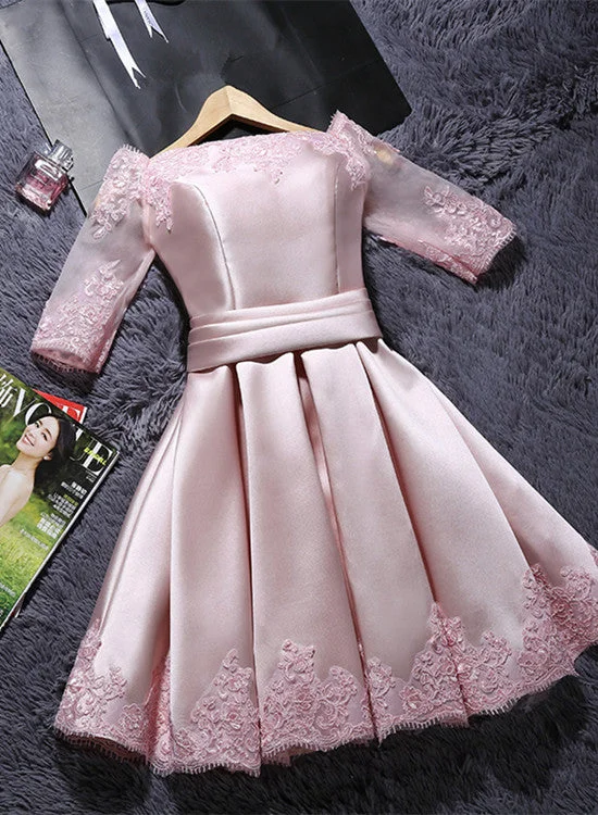 Pink Short Satin with Lace Round Neckline Wedding Party Dresses, Pink Cute Homecoming Dress Mermaid Tail Wedding Pink Short Satin with Lace Round Neckline Wedding Party Dresses, Pink Cute Homecoming Dress Mermaid Tail Wedding