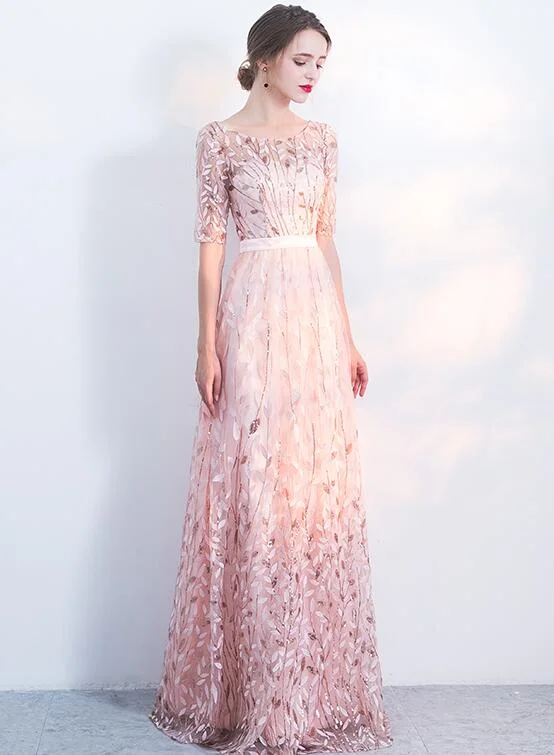 Pink Short Sleeves Lace Floral Party Dress, A-line Wedding Party Dress, Bridesmaid Dress Tunics Solid Classic Pink Short Sleeves Lace Floral Party Dress, A-line Wedding Party Dress, Bridesmaid Dress Tunics Solid Classic