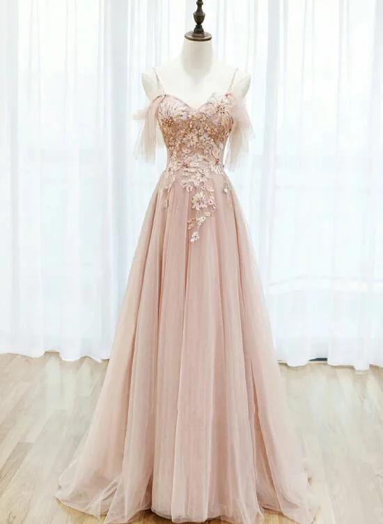 Pink Tulle Lace Applique Flowers Off Shoulder Long Party Dress, Pink A-line Prom Dress High-Low Hemline Casual Pink Tulle Lace Applique Flowers Off Shoulder Long Party Dress, Pink A-line Prom Dress High-Low Hemline Casual