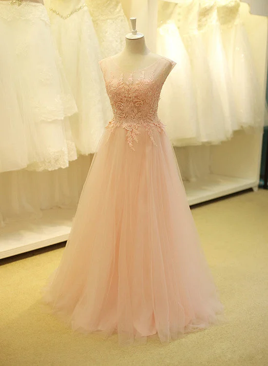 Pink Tulle Long Prom Dress with Applique 2019, Long Party Dresses High-Low Hemline Casual Pink Tulle Long Prom Dress with Applique 2019, Long Party Dresses High-Low Hemline Casual