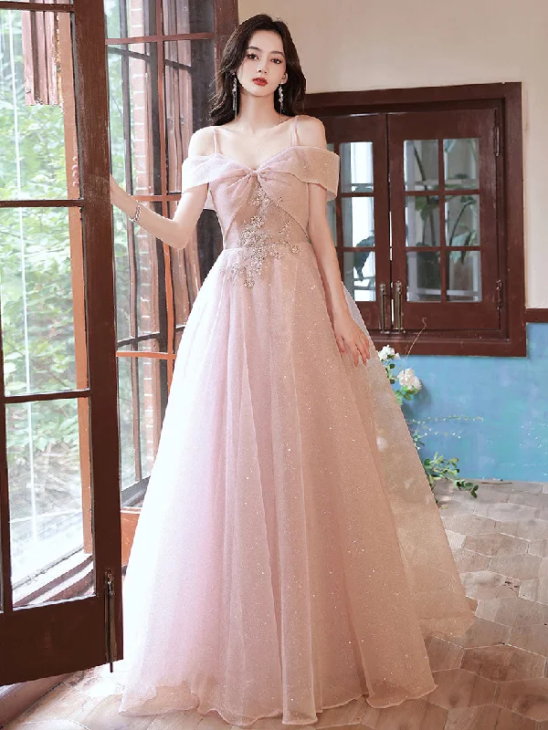 Pink Tulle Off Shoulder Lace Long Prom Dress, Pink Tulle Evening Dress Tunics Chinos classic Pink Tulle Off Shoulder Lace Long Prom Dress, Pink Tulle Evening Dress Tunics Chinos classic