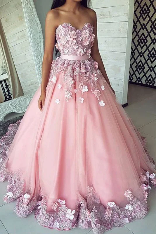 Puffy Sweetheart Tulle Prom with Flowers Princess Sweep Train Appliqued Party Dress Square Neckline Feminine Puffy Sweetheart Tulle Prom with Flowers Princess Sweep Train Appliqued Party Dress Square Neckline Feminine