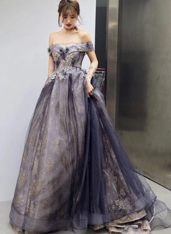 Purple Tulle Sweetheart with Flowers Long Formal Gown, A-line Off Shoulder Party Dress Tunics Yoga stretchy Purple Tulle Sweetheart with Flowers Long Formal Gown, A-line Off Shoulder Party Dress Tunics Yoga stretchy
