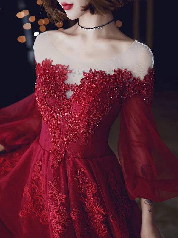 Red A line Tulle Lace Long Prom Dress, Tulle Lace Evening Dress Tunics Bridal satin