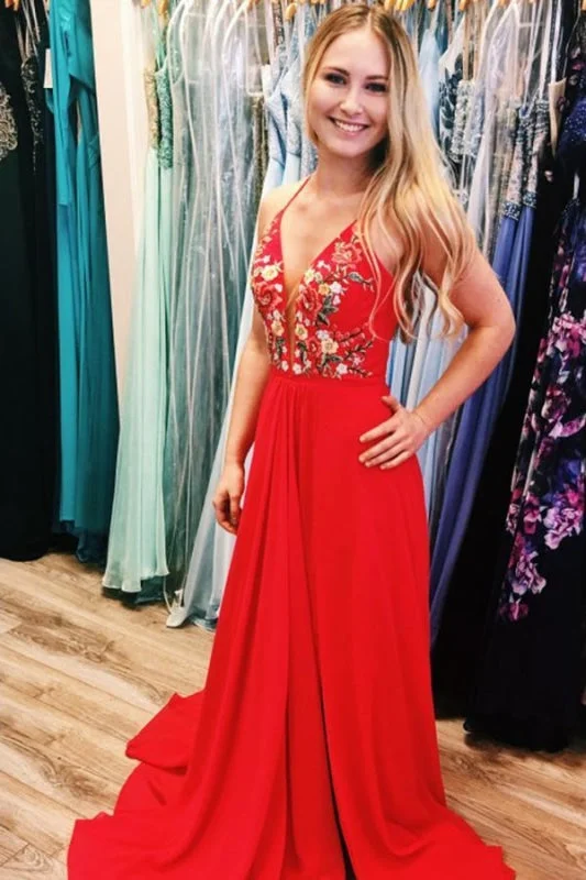 Red Chiffon Prom with Side Slit Embroidery Applique Long Evening Dress Tunics Silk luxurious Red Chiffon Prom with Side Slit Embroidery Applique Long Evening Dress Tunics Silk luxurious