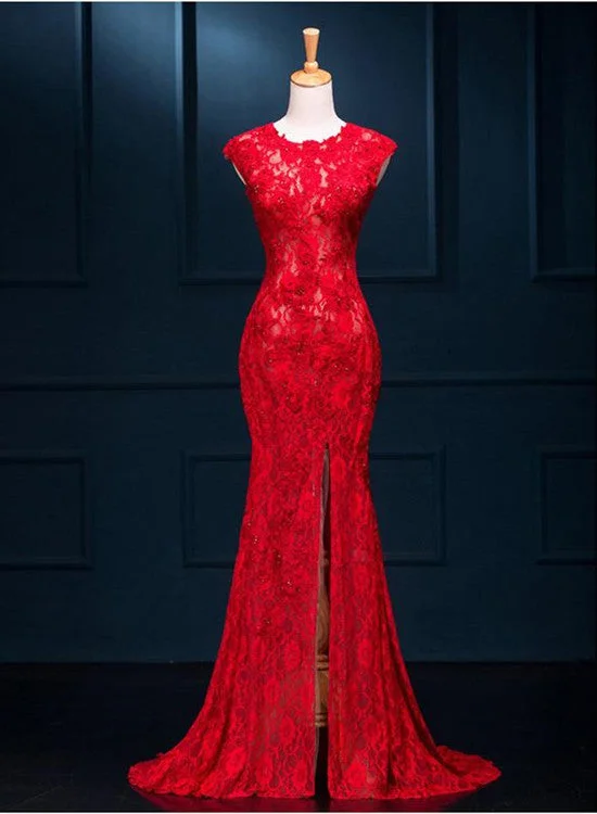 Red Lace Mermaid Slit Long Elegant Formal Gown , Red Party Dresses Tunics Designer luxury Red Lace Mermaid Slit Long Elegant Formal Gown , Red Party Dresses Tunics Designer luxury