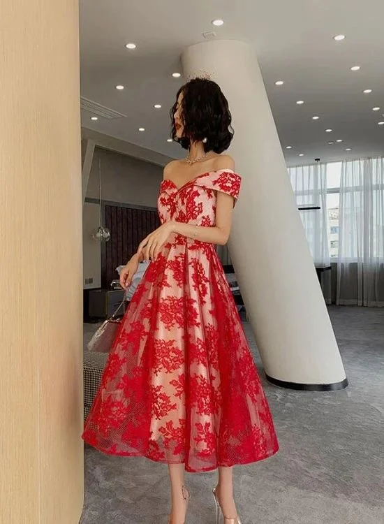Red Lace Off Shoulder Tea Length Bridesmaid Dress, Lace Party Dress Prom Dress cg18387 Tunics Brand named Red Lace Off Shoulder Tea Length Bridesmaid Dress, Lace Party Dress Prom Dress cg18387 Tunics Brand named
