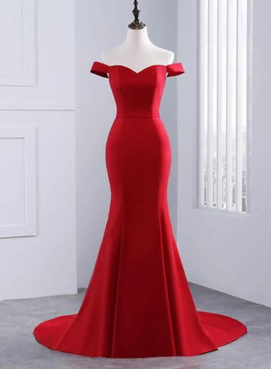 Red Off The Shoulder Sweetheart Mermaid Long Prom Dress With Sweep Train, Red Evening Dress Tunics Mesh breathable Red Off The Shoulder Sweetheart Mermaid Long Prom Dress With Sweep Train, Red Evening Dress Tunics Mesh breathable