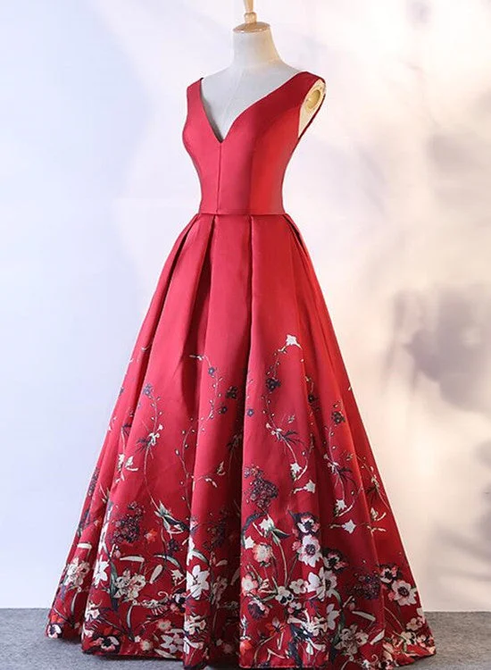 Red Satin Flowers Beautiful V-neckline Party Dress , Charming Formal Gown Tunics Yoga stretchy Red Satin Flowers Beautiful V-neckline Party Dress , Charming Formal Gown Tunics Yoga stretchy