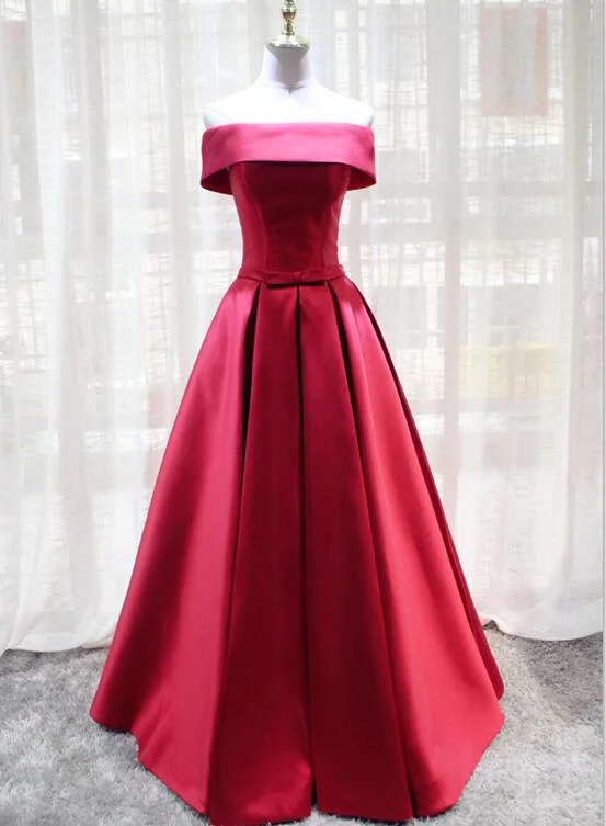 Red Satin Off Shoulder Handmade Long Formal Dress, Red Party Dress A-Line Day Work