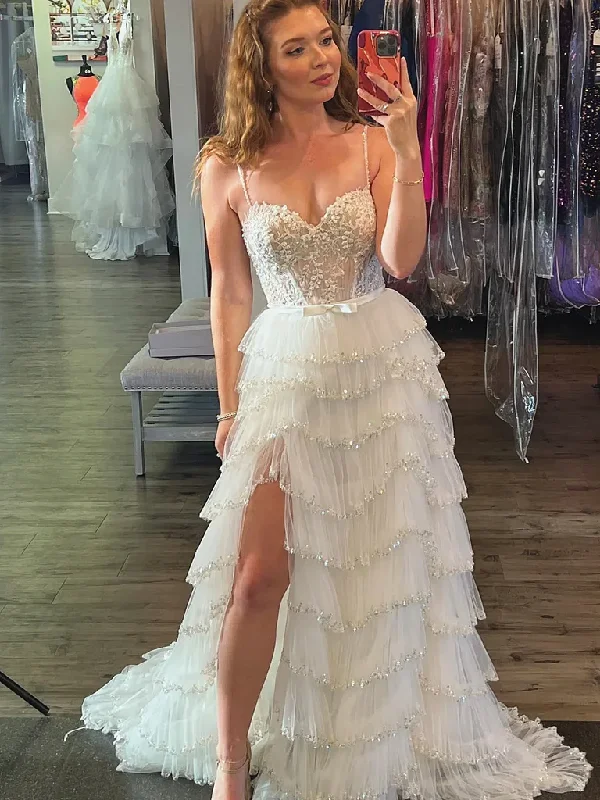 Sequined Multi Layers White Blue Floral Long Prom Dresses with High Slit, White Blue Lace Long Formal Evening Dresses Tunics Handmade artisanal Sequined Multi Layers White Blue Floral Long Prom Dresses with High Slit, White Blue Lace Long Formal Evening Dresses Tunics Handmade artisanal