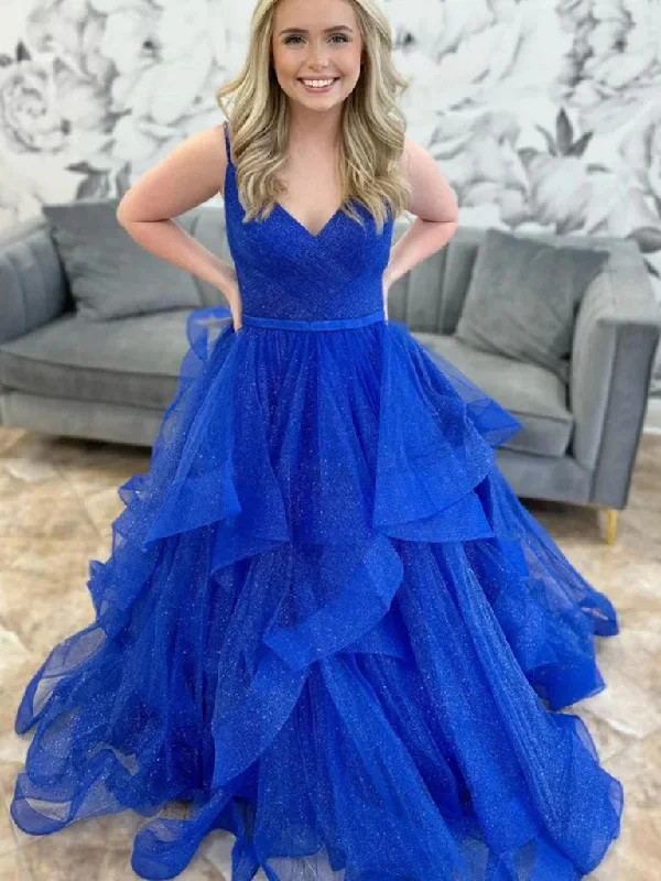 Shiny V Neck Blue Tulle Long Prom Dresses, Fluffy Blue V Neck Formal Evening Dresses Tunics Top rated Shiny V Neck Blue Tulle Long Prom Dresses, Fluffy Blue V Neck Formal Evening Dresses Tunics Top rated