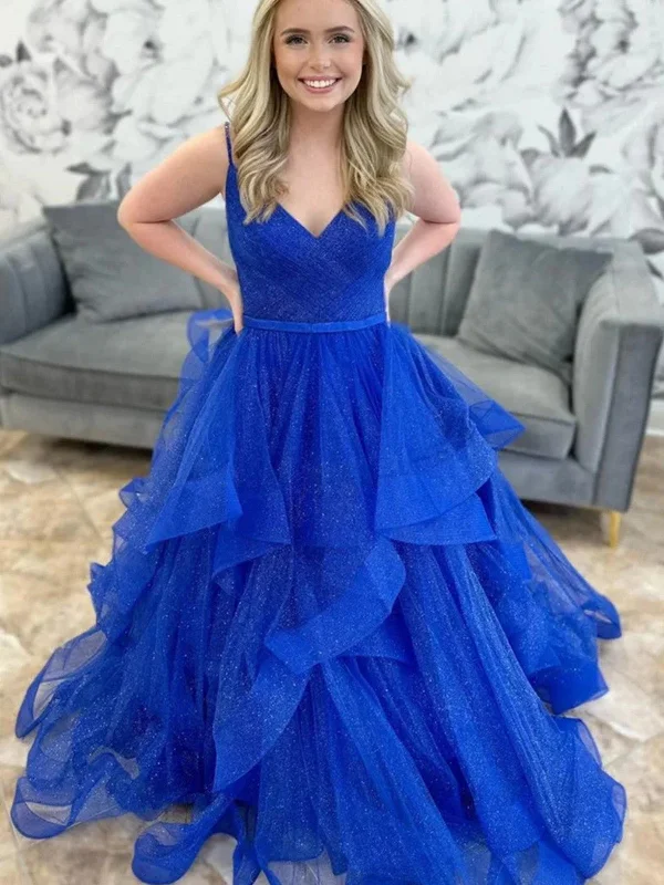Shiny V Neck Fluffy Blue Tulle Long Prom Dresses, V Neck Blue Formal Evening Dresses Off-the-shoulder Chic Trendy Shiny V Neck Fluffy Blue Tulle Long Prom Dresses, V Neck Blue Formal Evening Dresses Off-the-shoulder Chic Trendy