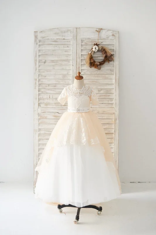 Short Sleeves Champagne Lace Tulle Wedding Flower Girl Dress Kids Party Dress Tunics Bridal satin Short Sleeves Champagne Lace Tulle Wedding Flower Girl Dress Kids Party Dress Tunics Bridal satin