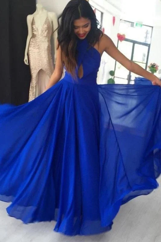 Simple A Line Prom Gown Halter Royal Blue Chiffon Evening Dress with Keyhole Tunics Modern contemporary Simple A Line Prom Gown Halter Royal Blue Chiffon Evening Dress with Keyhole Tunics Modern contemporary