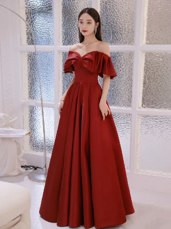 Simple Aline Burgundy Satin Long Prom Dress, Burgundy Evening Dress Peplum Ruffle Cocktail Simple Aline Burgundy Satin Long Prom Dress, Burgundy Evening Dress Peplum Ruffle Cocktail