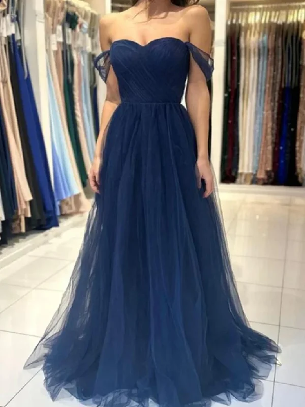 Simple Off Shoulder Navy Blue Tulle Long Prom Dresses, Off the Shoulder Formal Evening Dresses Tunics Mesh breathable Simple Off Shoulder Navy Blue Tulle Long Prom Dresses, Off the Shoulder Formal Evening Dresses Tunics Mesh breathable