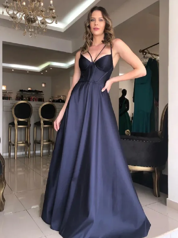 Simple V Neck Backless Dark Blue Satin Long Prom Dresses, Open Back Dark Blue Formal Graduation Evening Dresses Tunics Prom sequined Simple V Neck Backless Dark Blue Satin Long Prom Dresses, Open Back Dark Blue Formal Graduation Evening Dresses Tunics Prom sequined
