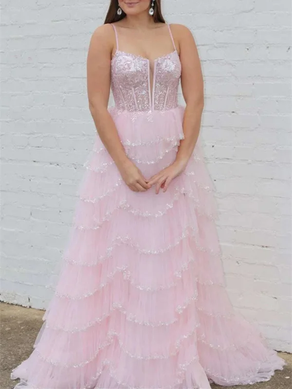 Spaghetti Straps Layered Pink Lace Long Prom Dresses, Pink Lace Formal Evening Dresses Tunics Vintage classic Spaghetti Straps Layered Pink Lace Long Prom Dresses, Pink Lace Formal Evening Dresses Tunics Vintage classic