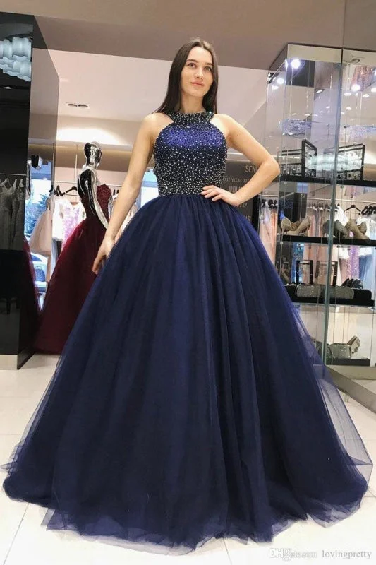 Sparkly Dark Blue Ball Gown Sweet Beading Tulle Long Prom Dresses Shiny Evening Dress Tunics Business professional Sparkly Dark Blue Ball Gown Sweet Beading Tulle Long Prom Dresses Shiny Evening Dress Tunics Business professional