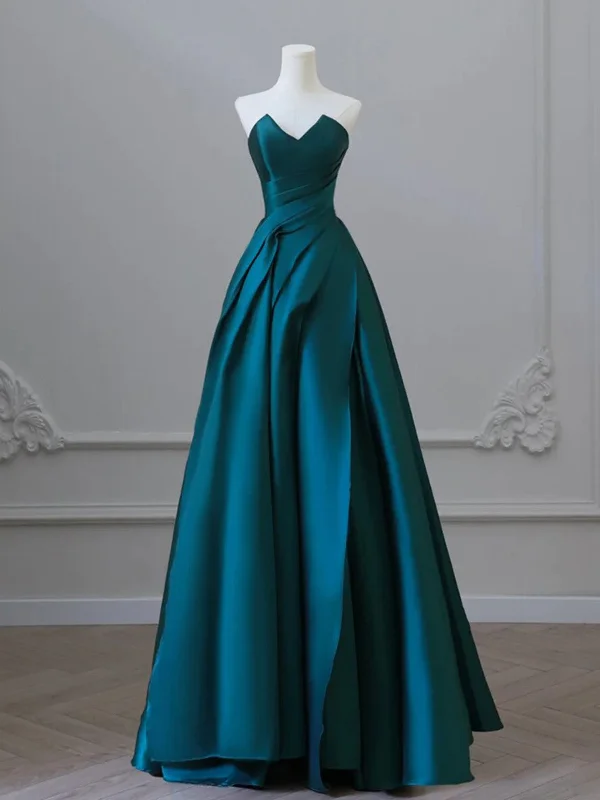 Strapless A Line Satin Green Long Prom Dresses, Green Satin Long Formal Evening Dresses A-Line Day Work Strapless A Line Satin Green Long Prom Dresses, Green Satin Long Formal Evening Dresses A-Line Day Work