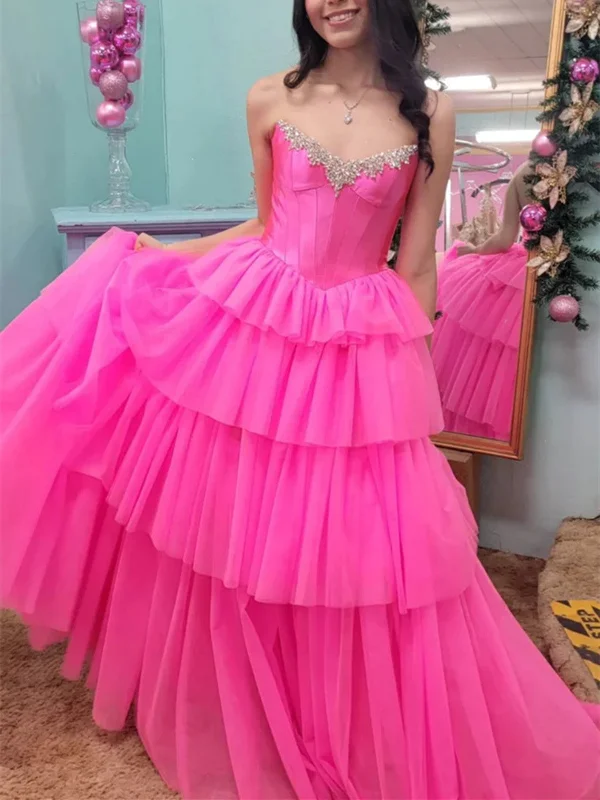 Strapless Beaded Layered Hot Pink Long Prom Dresses with High Slit, Hot Pink Tulle Long Formal Evening Dresses Tunics Floral girly Strapless Beaded Layered Hot Pink Long Prom Dresses with High Slit, Hot Pink Tulle Long Formal Evening Dresses Tunics Floral girly