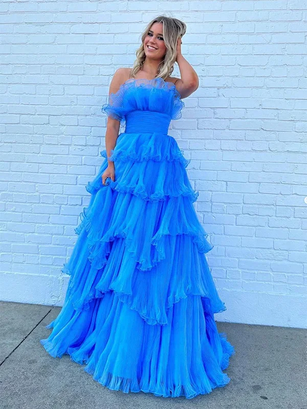 Strapless Blue Layered High Low Long Prom Dresses, Blue Layered High Low Long Formal Evening Dresses Tunics Satin smooth Strapless Blue Layered High Low Long Prom Dresses, Blue Layered High Low Long Formal Evening Dresses Tunics Satin smooth