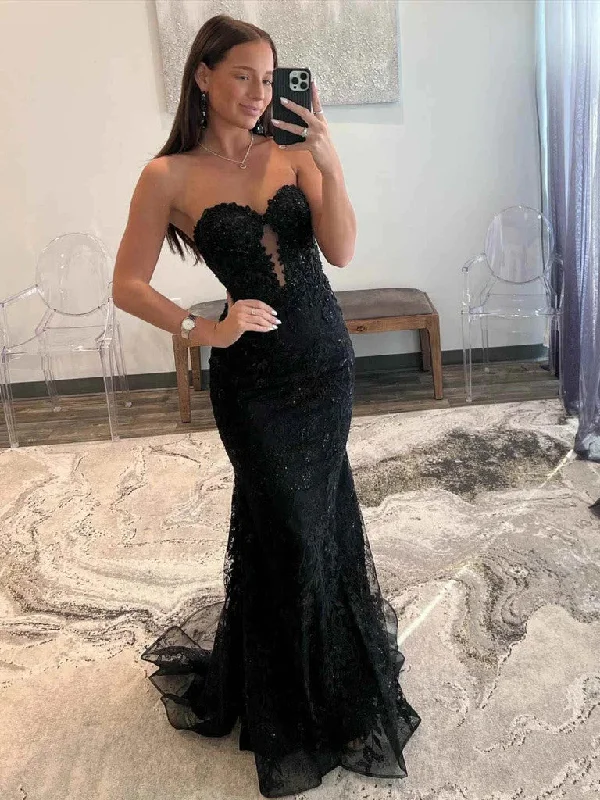 Strapless Mermaid Black Lace Long Prom Dresses, Mermaid Black Lace Formal Evening Dresses Pleated Skirt Elegant Strapless Mermaid Black Lace Long Prom Dresses, Mermaid Black Lace Formal Evening Dresses Pleated Skirt Elegant